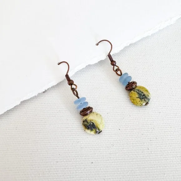 Serpentine Stone & Copper Boho Dangle Earrings - Picture 5 of 10